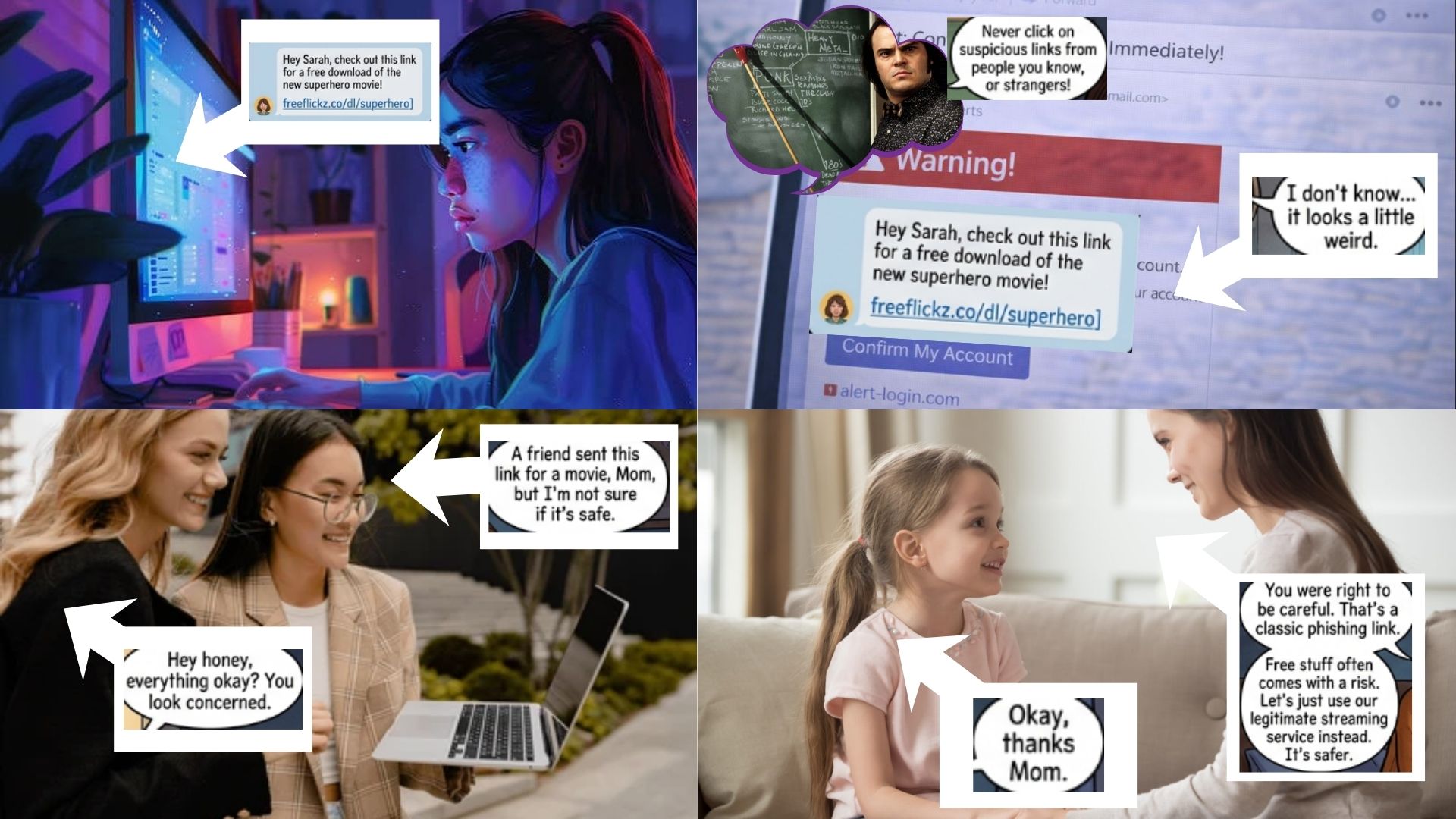 Illustration of a teen receiving a suspicious message while an adult points to a security shield