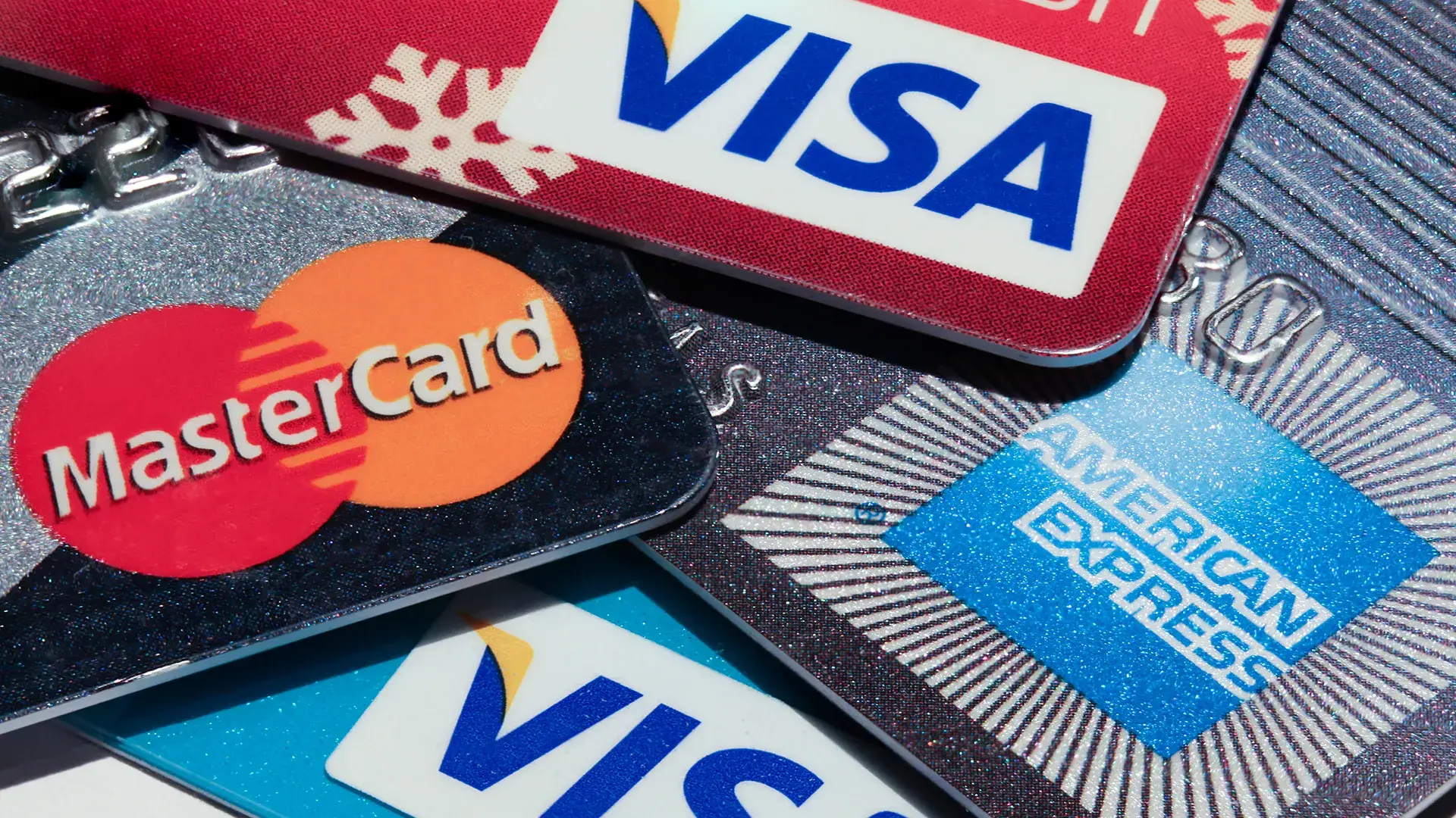 Stack of Visa, Mastercard and American Express credit cards